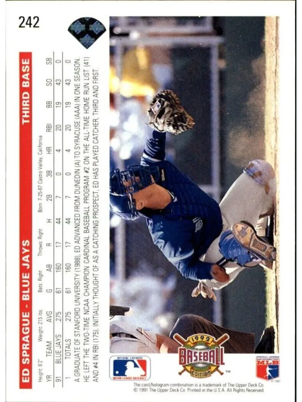 Ed Sprague 1992 Upper Deck MLB #242 Baseball Card Toronto Blue Jays